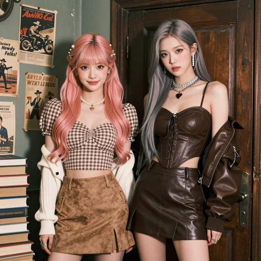 Vintage Western Pin-up with K-pop Model Aesthetic. Hyper-realistic editorial portrait photography.

Subject: A striking, slender young Korean woman in her mid-20s. Long, dark brown Hollywood waves. Soft "clean girl" makeup with peachy blush, subtle cat-eye, and nude-pink lips. Sultry, confident gaze directly at the viewer.

Attire: Brown/beige plaid bustier crop top with a dark brown lace-up waist cincher. Matching dark brown pleated faux-leather mini skirt. Rich chocolate brown leather bomber jacket draped off the shoulders. Heavy rhinestone choker necklaces with a small red heart pendant. Large pearl drop earrings. Jeweled butterfly hair clips.

Setting & Pose: Indoors, in a vintage American backroom. Leaning against a worn dark wooden door frame. Background: textured olive-green wall with faded vintage posters ("Cowboy Carnival", "Factory Howdy Folks!"). A stack of aged books to the side. Medium full shot, cropped at upper thighs. Hands not visible, focus on face and torso.

Photography Style: Ultra-detailed photo-realism, cinematic soft lighting, subtle analog film grain. Soft, cool, high-key lighting with minimal shadows. Shallow depth of field (bokeh). Shot on a professional camera (Sony A1/Canon R5) with an 85mm f/1.4 portrait lens at f/2.2. 8K resolution, hyper-detailed skin and fabric textures.