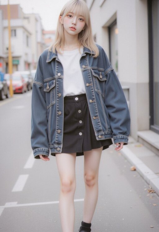 Full-body street style portrait of an Asian woman in her early 20s. She wears a monochrome outfit with a dominant black color scheme, accented by denim blue. Key items: an oversized, dark denim jacket with subtle distressed details, a black A-line mini skirt, a simple white crew-neck T-shirt underneath, and chunky black platform oxfords. The ensemble creates a casual, urban streetwear aesthetic with an effortless vibe and personal details.

Her hair is medium-length, straight, and black, styled with blunt bangs. It has a clean, sleek look with natural shine, parted to the side. The hairstyle is minimalist and modern, suitable for everyday wear. The overall style is non-formal, non-bright, and non-romantically feminine.

The setting is an urban street or modern alley with clean concrete walls and minimal background distractions. Lighting is natural daylight or soft diffused light, casting clean, subtle shadows. Shot from a low angle to emphasize the silhouette and platform shoes. The pose is relaxed and confident, with a neutral or slightly cool expression. Photography style is sharp, high-resolution, with a focus on fabric textures and clean lines.