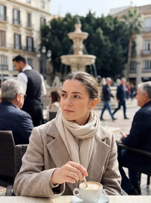 A photorealistic image captured with an iPhone 17 on a Wednesday morning in March 2025. The scene is set in Plaza de la Constitución, Málaga, Spain. The atmosphere is bright but cool, filled with soft, clear spring light that illuminates the entire square. On a café terrace, locals sit at tables enjoying coffee and conversation. In sharp focus is a young woman wearing a light, patterned scarf, stirring a cappuccino in a ceramic cup. She gazes thoughtfully to the side, lost in a quiet moment. In the background, a waiter moves between tables, and people walk casually across the square, with movement visible around the central fountain. These background elements are naturally blurred, rendered with a subtle, authentic depth-of-field effect. The overall image feels candid, unstaged, and documentary-style, with the crisp, high-detail realism characteristic of a modern iPhone photo.
