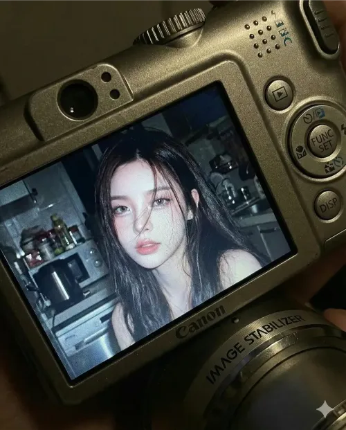 A close-up of a young woman appears on the screen of a small Canon compact digital camera, her face softly lit by a bright built-in flash. She has long dark hair falling loosely beside her cheeks, her lips slightly parted in a gentle, thoughtful expression. The flash creates sharp highlights on her skin and hair, while the background reveals a dim, cluttered kitchen with faint outlines of appliances and shelves, softened by a natural bokeh effect.

Surrounding the screen, the detailed body of the camera is clearly visible—showing textured surfaces, buttons, the FUNC/SET wheel, the DISP button, and the “IMAGE STABILIZER” label on the side.

The image carries the nostalgic feel of an early‑2000s digital snapshot, with cool, soft color tones, strong flash contrast, and fine screen grain—no text or logos appear on the photo itself. It looks like a real, unstyled moment frozen in time, captured indoors at night with the candid realism of a compact digital camera.