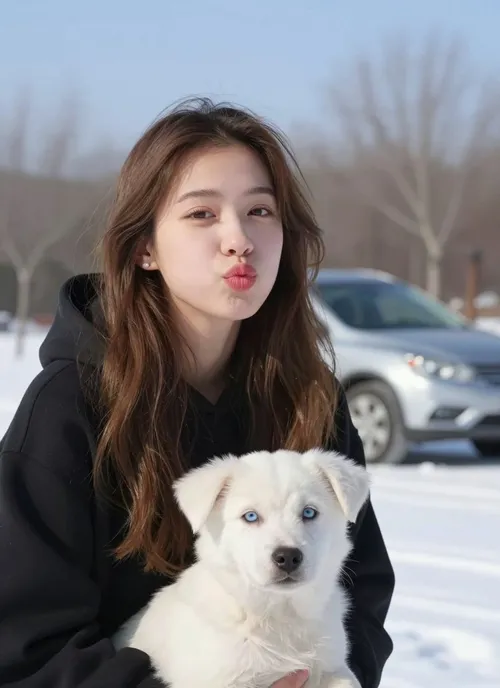 A young American girl puckers her lips playfully toward the camera. She has long, wavy brown hair and is wearing a black hooded sweatshirt. Held gently in her arms is a small white puppy with light blue eyes, looking calm and forward. The girl's face—her features, expression, and identity—must remain exactly the same as in the reference image.

They are outdoors in a gentle winter scene. The ground is covered with snow, and bare trees stand in the background. A silver car is slightly blurred behind them. The sky above is a clear, light blue.

The mood is cute, natural, and quietly wintry. The photo has a soft depth of field, lit by natural daylight, with subtle winter tones in the coloring.