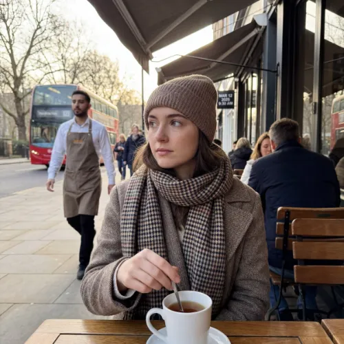 A photorealistic image captures a moment of quiet reflection on a cool Wednesday morning in March 2025, in London. The sky is a clear, pale blue, and the crisp spring air lends a calm stillness to the waking city.

At the center of the image, a young woman sits at a table on a relaxed outdoor restaurant terrace. She is the sharp, in-focus focal point. A light scarf is wrapped around her neck, and she holds a teacup, her fingers gently stirring the contents. Her gaze is directed thoughtfully off to the side, her expression one of peaceful contemplation.

The background is composed of smooth, natural bokeh, creating a dreamy separation from the foreground. The blurred shapes of a waiter moving between tables, pedestrians passing by, and the soft, early morning traffic on the street behind her blend into a wash of gentle colors and light. The composition and focus replicate the effortless, candid feel of a moment spontaneously captured on a modern smartphone, resulting in an image that feels both strikingly real and intimately personal.