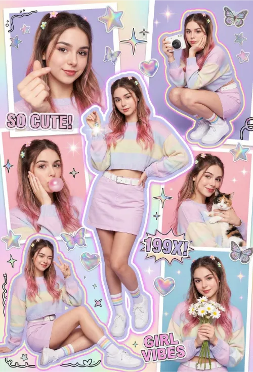 Scene Description:
A colorful Y2K scrapbook poster aesthetic, filled with vibrant stickers and multiple subjects wearing the same outfit and hairstyle in different poses and cutouts. The style features colorful strokes and lines in a frameless collage layout. Includes:

A close-up shot with heart-shaped fingers

A full-body squatting pose, supporting the chin while holding a white Polaroid camera

A mid-shot touching the cheek while blowing pink bubblegum

A mid-shot smiling elegantly while holding a cat

A seated pose with one eye winking and a peace sign

A mid-shot holding daisy flowers

Enhanced with holographic textures, pastel gradients, glitter accents, playful doodles, and magazine cut-out graphics. The layout is chaotic yet balanced — extremely artistic and visually engaging.

Main Subject:
A young Y2K-styled woman is the central focus of the scrapbook collage.

Style & Pose: Playful and confident Y2K pose — slight hip pop to the side, one hand holding a lens-flare keychain, face turned toward the camera with a cute-cool expression and a slight pout. Evokes a candid early-2000s photo vibe.

Outfit:

Top: Cropped oversized sweater in a pastel color with embroidered patches

Bottom: Pastel skirt with a white belt

Socks: White ankle socks with colorful pastel stripes

Shoes: White sneakers

Accessories: Colorful plastic bracelets, chunky colorful rings, sparkling belly chain

Hairstyle:
Y2K half-up, half-down style with pastel flower clips, thin front tendrils, and wavy dark brown hair featuring a bubblegum-pink tint on the lower strands — an iconic early-2000s look.

Additional Visuals:
Heart, star, and butterfly stickers; retro sparkles; Polaroid frames; neon outlines; doodle borders; magazine cutout text saying “SO CUTE!”, “199X!”, “GIRL VIBES”; pastel lighting; glossy dreamy retro glow; ultra-aesthetic scrapbook layout.

Photography & Rendering:

Color Grading: Cinematic neon Y2K

Lighting: Soft flash lighting

Skin Texture: Smooth glossy finish

Rendering: High-detail hyperrealistic Y2K scrapbook tone

Quality: 8K

Composition: Perfectly balanced and artistic