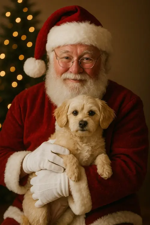 Santa Claus holding a dog