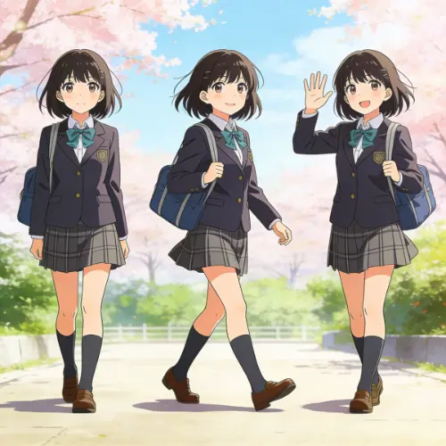 An anime-style illustration of the same girl depicted in three distinct poses.

In the first pose, she stands gracefully with a relaxed, confident posture. In the second, she is captured mid-stride in a gentle, natural walking motion. In the third, she smiles warmly, her hand raised in a friendly wave.

Throughout all three poses, her facial features—her eyes, nose, mouth, and expression—remain perfectly consistent. Her body proportions are also uniform, maintaining a cohesive character design.

The illustration is rendered with clean, crisp line art and vibrant cel shading, giving it a classic, polished anime look. The lighting is soft and natural, casting gentle highlights and shadows that enhance the three-dimensional feel of each pose without overwhelming the clear, graphic style.