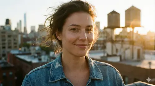 A person standing on a city rooftop during golden hour, warm sunlight wrapping around their face, subtle lens flare, wind brushing their hair, shallow depth of field, 35mm photography vibe, natural skin texture.