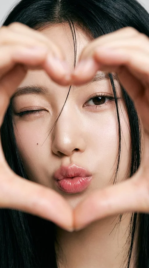 An extreme close-up portrait of a young East Asian woman making a heart shape with her hands in the foreground, her head gently tilted. Soft, playful, and intimate aesthetic.

Shot Details: Framing: Extreme close-up, filling the frame with her face and foreground hands. Background is not visible. Focus & DOF: Very shallow depth of field. Focus is razor-sharp on her eyes and lips, with the heart-shaped hands slightly softer in the immediate foreground. Angle: Straight-on, direct camera angle. Lighting: Soft, diffused light creating even illumination with minimal shadows and a natural glow on the skin.

Subject Details: Face: Smooth skin with a natural glow. A small beauty mark under the left eye. Eyes: Almond-shaped, dark brown. One eye is winked, the other is softly open. Makeup includes subtle eyeliner, defined lashes, and soft shimmer on the lids. Eyebrows: Natural, slightly arched. Lips: Full lips making a kiss face (puckered), with a pink glossy tint. Hair: Straight, black hair with loose strands falling naturally across the face. Pose: Head is gently tilted. Her hands form a heart shape directly in front of the camera, framing her face.

Style: High-resolution portrait with a film-like softness. Cute, expressive, and flirtatious vibe.