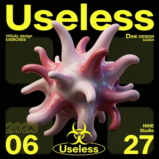 A stylized, 3D-rendered abstract form dominates the image, positioned in the center. The central subject resembles a biological structure, possibly a virus or a cell, with multiple protruding, tentacle-like elements radiating outward. The object features a glossy, reflective surface with a gradient color scheme of pale pink and deep red. Small, droplet-like details are scattered across its surface. The background is a solid black, contrasting with the vibrant colors of the central figure. Large, bold yellow text arcs across the top, reading "Useless". Additional text appears in smaller, white and yellow fonts, including "VISUAL design EXERCISES", "DINE DESIGN by ZIQN", "2023 06 27", and "NINE Studio." A stylized biohazard symbol with the word "Useless" beneath it is present. The lighting suggests a studio environment, highlighting the form's textures. The overall style is modern and graphic, with a focus on abstract, organic shapes.