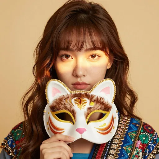 A young woman, likely in her early twenties, is centered in a portrait. She is wearing a colorful, intricately embroidered top with floral and geometric patterns in shades of blue, green, red, and gold. Her long, brown hair frames her face, with a fringe of bangs across her forehead. The woman is holding a decorative cat mask in front of her lower face, revealing only her eyes. The mask is richly detailed with embroidered features, including a brown and white fur pattern, yellow eyes, and a pink nose, outlined with gold beadwork. Her facial expression is calm and neutral. The lighting is soft and warm, with gentle light rays creating a glowing effect on her face and hair. The background is a soft, warm yellow. The composition is a close-up shot, focusing on the woman's face and the mask. The style is modern and fashion-focused, with a playful and artistic atmosphere.