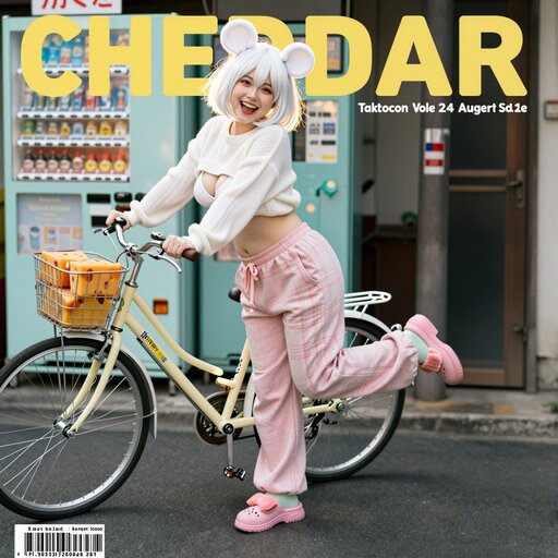 A magazine cover photo of a smiling energetic cute girl with short white hair in a bobcut, red eyes, and white mouse ears, pushing a vintage bicycle in front of a retro mint green vending machine. Cheerful expression, lively posture, summer vibe. She is voluptuous, has large breasts, and thick thighs but a thin waist with an exposed midrif. She is wearing a white knit sweater with a boob window, pink plaid sweatpants and fuzzy pink slippers. Wedges of cheddar in the bike basket. Background of messy telephone poles and nostalgic Japanese shop signs. Side sunlight creating a golden halo on her hair. Fujifilm Pro 400H style, grainy film texture, low saturation, slightly overexposed, cinematic composition, unique camera angle. Fashion editorial style, 8k resolution.
Magazine cover layout with visible text:
Large title "CHEDDAR" in yellow at the top.
Small cover text: "Calcium & Flavor", "Tokyo Street Issue", "Vol. 24 | August 2025".
Barcode at the bottom corner.