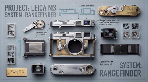 [Art Style & Viewpoint]:
Hyper-realistic 8k product photography, macro lens perspective, strict 90-degree overhead flat-lay (knolling).
[Aesthetic Philosophy]: "Sublime Micro-Engineering Narratives". A blend of surgical precision and artistic interpretation of technical components.
[Subject Input]:
Target Object: Deconstructed Leica M3 Camera Body
[Action]: Forensic Technical Exploded View. Disassemble into 8-12 primary components, but with an emphasis on secondary and tertiary sub-components (e.g., individual gears within a gearbox, micro-switches on a circuit board, specific spring types, internal wiring harnesses).
[Detail Emphasis]: Each component is meticulously rendered.
Metals: Highlight brushed grains, polished edges, anodic oxidation sheen, laser-etched serial numbers or specific alloy markings. Show microscopic tolerances between parts.
Plastics: Reveal injection molding marks, precise seam lines, and subtle textural variations.
Circuitry: Emphasize the solder joints, traces, tiny capacitors, and integrated chip details.
Glass/Optics: Render reflections, anti-reflective coatings, and subtle refractions.
[Background]: Premium matte cool-grey workbench surface.
[Interactive Schematics]: Ultra-fine Cyan/Tech-Blue vector lines. Include cross-sectional views, exploded assembly sequence lines (dashed arrows), and material call-outs (e.g., "Alloy 7075", "Carbon Fiber Weave").
[Artistic Title Style]: "Industrial Stencil" Aesthetic. Large, bold, semi-transparent text (e.g., "PROJECT: ALPHA" or "ENGINE MODEL: X9") laser-etched onto the background surface.