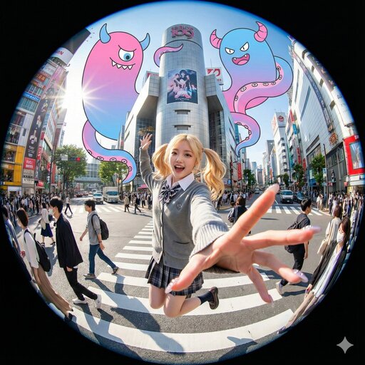 An extreme fisheye lens photograph with a circular frame. A young woman with blonde twin-tails jumps excitedly in the middle of the Shibuya Scramble Crossing. She wears a gray cardigan over a plaid skirt school uniform. One hand is dramatically stretched towards the foreground of the lens, with fingernails clearly visible. In the distorted background, the iconic Shibuya 109 building and other city structures loom, with streets crowded with pedestrians and vehicles. Massive pink and blue gradient cartoon monsters with giant tentacles and horns float above the city, entwining the twisted urban skyline. The scene is bathed in bright, sunny light with strong contrast between highlights and shadows. The atmosphere is hyper-energetic, surreal, and chaotic.