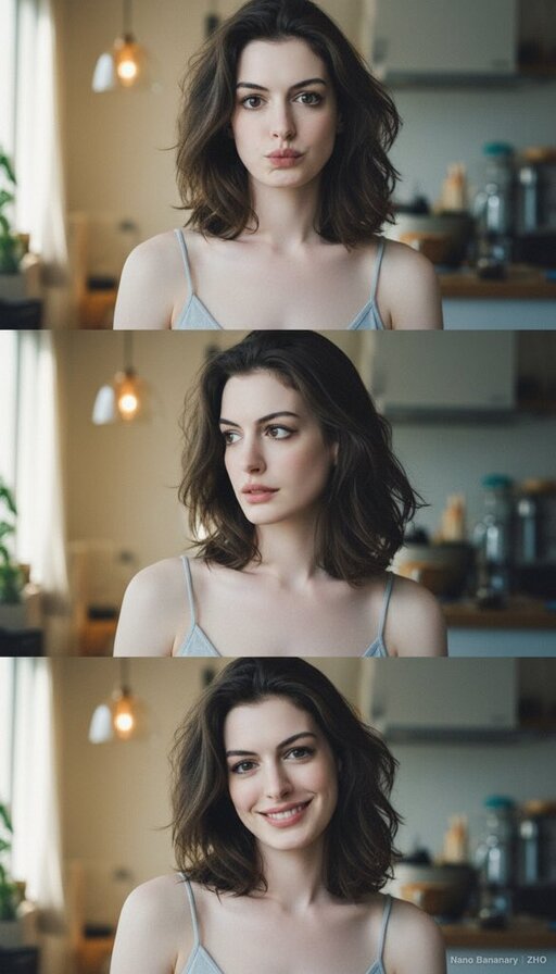 Overall Composition & Atmosphere

The three images are arranged vertically, forming a continuous visual narrative, similar to a portrait photography sequence. The setting is a warm, cozy, everyday IKEA-style interior space — with kitchen elements, lighting, and home decor in the background — creating a natural, lived-in atmosphere illuminated by soft ambient light. The light comes from the front-side at a gentle angle, highlighting the skin with a delicate, natural glow.

The overall color tone leans toward cool white, conveying a light, fresh, soft, and airy mood.

Pose & Emotional Expression

All three images capture the same subject at different moments, showing subtle emotional shifts:
1.First photo – Slightly playful and cute. Lips gently pursed, eyes looking directly into the camera. Shoulders relaxed, facing forward.
2.Second photo – Slightly turned to the side, head softly tilted. The eyes look gentle, hinting at subtle emotion, as if transitioning between calm and a faint smile.
3.Third photo – More relaxed, showing a soft smile. Hair falls naturally. The posture appears comfortable, confident, and at ease.

The progression of calm → relaxed → smiling creates a fluid sense of motion and visual storytelling.

Lighting & Skin Texture
•The lighting is soft and even, without harsh shadows.
•Subtle shading around the cheeks and nose adds light dimension without appearing sharp.
•The skin texture looks smooth with a gentle reflective glow, slightly reminiscent of soft-focus film or Japanese aesthetic color grading.

Clothing & Material Details

The subject wears a light gray-blue camisole with thin straps. The fabric is soft and form-fitting, reflecting light delicately and emphasizing natural body lines. The low-saturation tone blends harmoniously with the background, keeping the visual clean and minimal.

The hair is naturally loose, with soft volume and airy texture. Strands catch the light gently, adding depth and softness.

Facial Features & Expression
•Eyes are slightly large with a soft shape; the outer corners extend subtly, giving an expressive, engaging gaze.
•The nose is slim and natural.
•Lips are full with a light pink tone, showing different textures as expressions change.
•Facial proportions are balanced, with visual emphasis on the changing gaze and smile.

Overall, the portrait style feels warm, expressive, bright, and emotionally inviting.

Emotion & Style Summary

These photos feel like a moment captured in the late morning or sunlit afternoon — perhaps just waking up or starting the day — peaceful and unguarded.

The overall atmosphere is natural, warm, soft, relaxed, and effortlessly beautiful.

There is no exaggerated posing or heavy styling — instead, the focus lies in capturing genuine moments through light, expression, and subtle emotion.